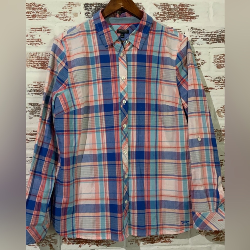 Talbots Womens Button Up Shirt Top Pink Blue Plaid Collared Long Sleeve Sz 16p